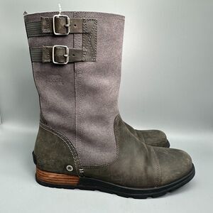 Sorel Major Women's 10 Gray Leather Mid-Calf Boots Buckle Pull-On Casual Shoes